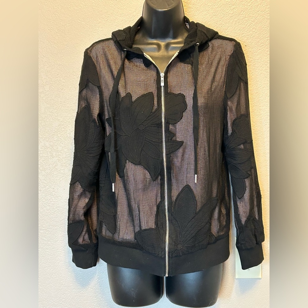 Avec Les Filles Black Mesh Sheer Embroidered Bomber Jacket Hoodie Sz XS